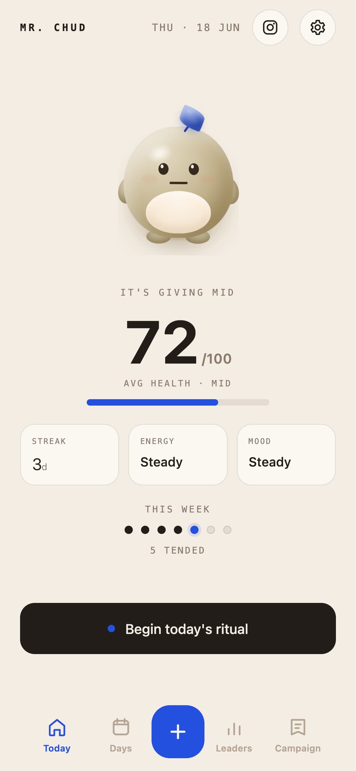 Mr. Chud home screen showing the clay mascot above a daily health score of 72 out of 100