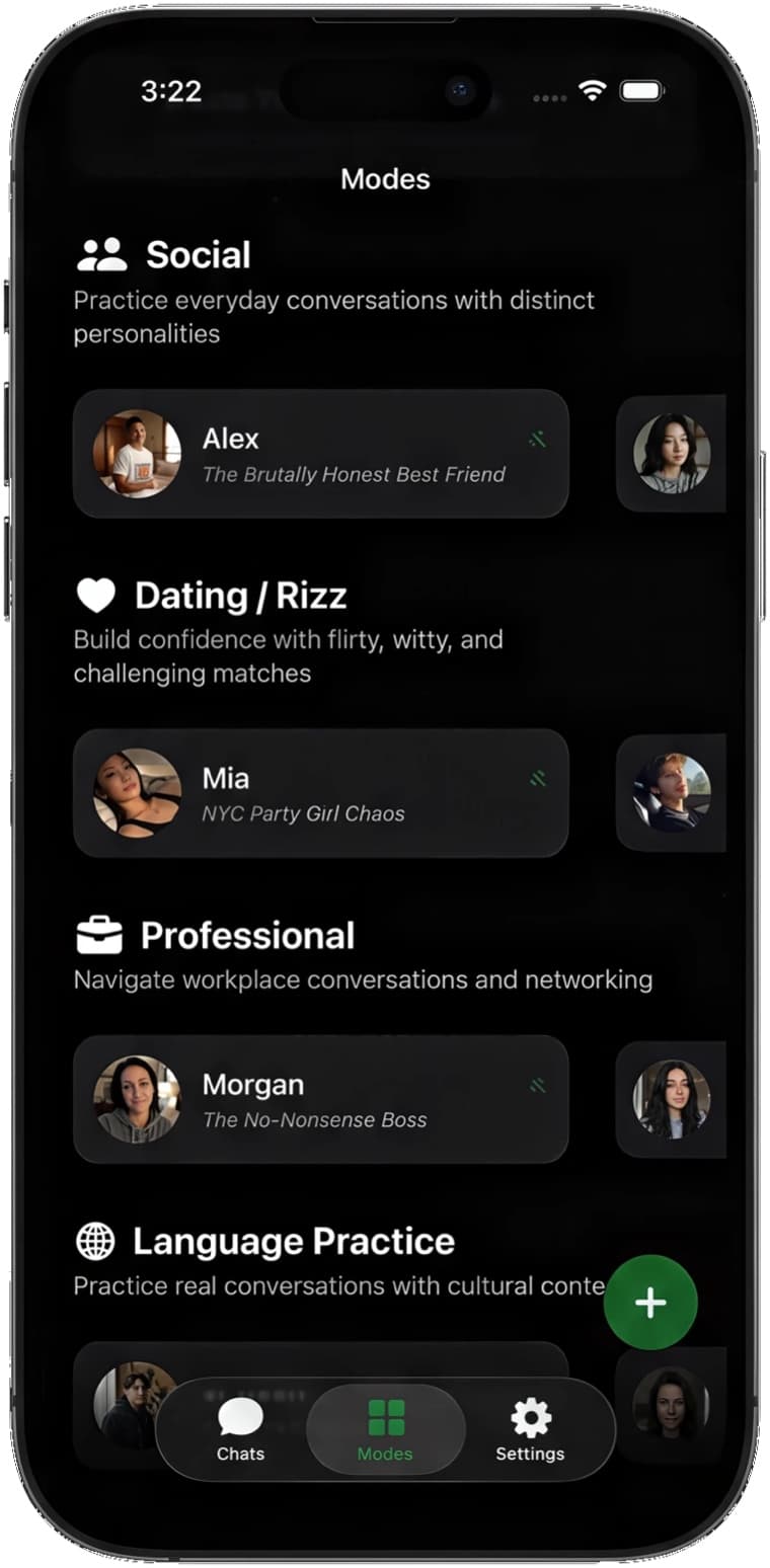 WhatsGen mode picker listing Social, Dating, Professional and Language Practice