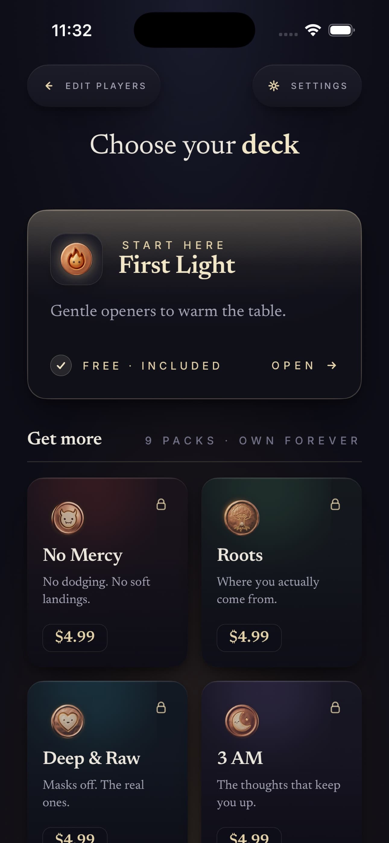 The Talking Game deck picker: the free First Light pack above a grid of premium packs including No Mercy, Roots and Deep & Raw