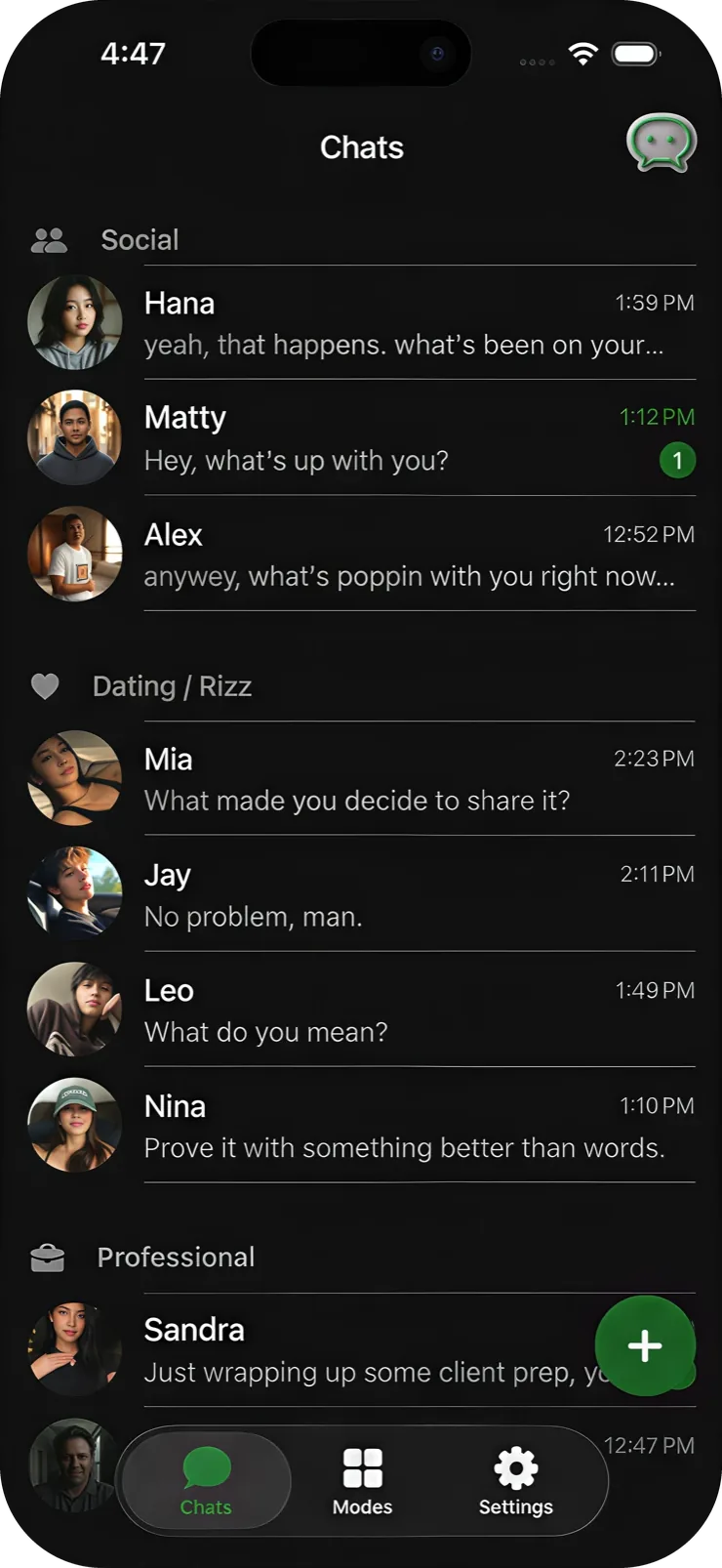 WhatsGen chat list showing AI practice personas grouped into Social, Dating / Rizz and Professional
