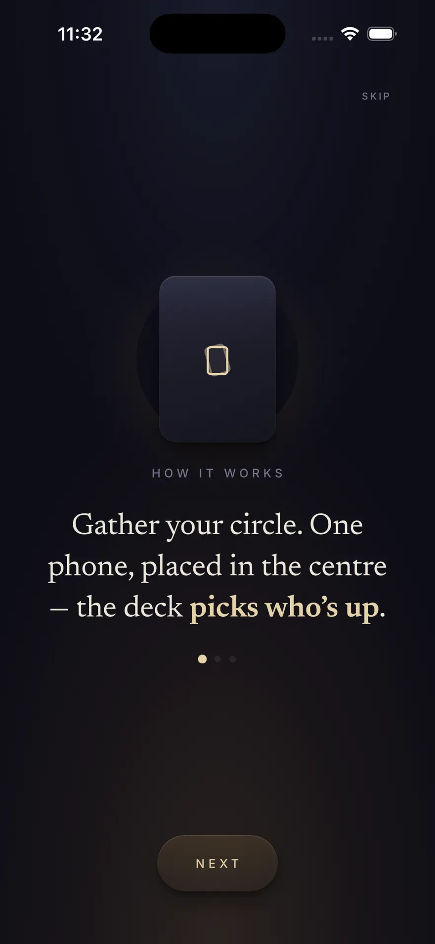 The Talking Game onboarding: “Gather your circle. One phone, placed in the centre — the deck picks who's up.” under a how-it-works label