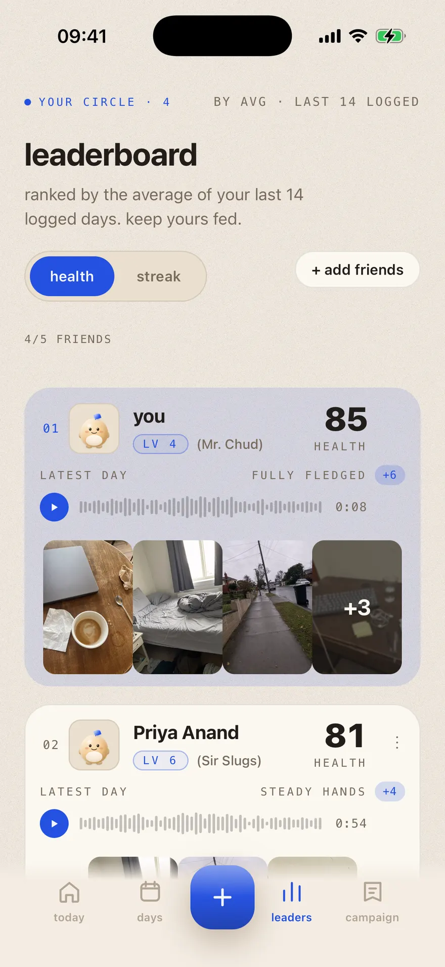 Mr. Chud leaderboard ranked by the average of your last 14 logged days: a first-place row at 85 health above a friend at 81, each carrying a voice clip and photographs from the day they logged