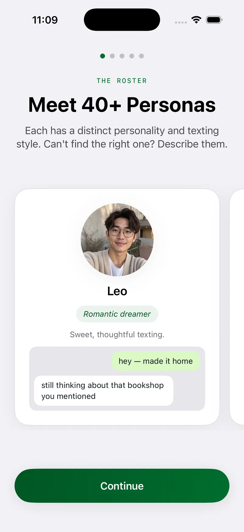 WhatsGen onboarding: a “Meet 40+ Personas” roster card for Leo, tagged romantic dreamer, showing a sample exchange about a bookshop