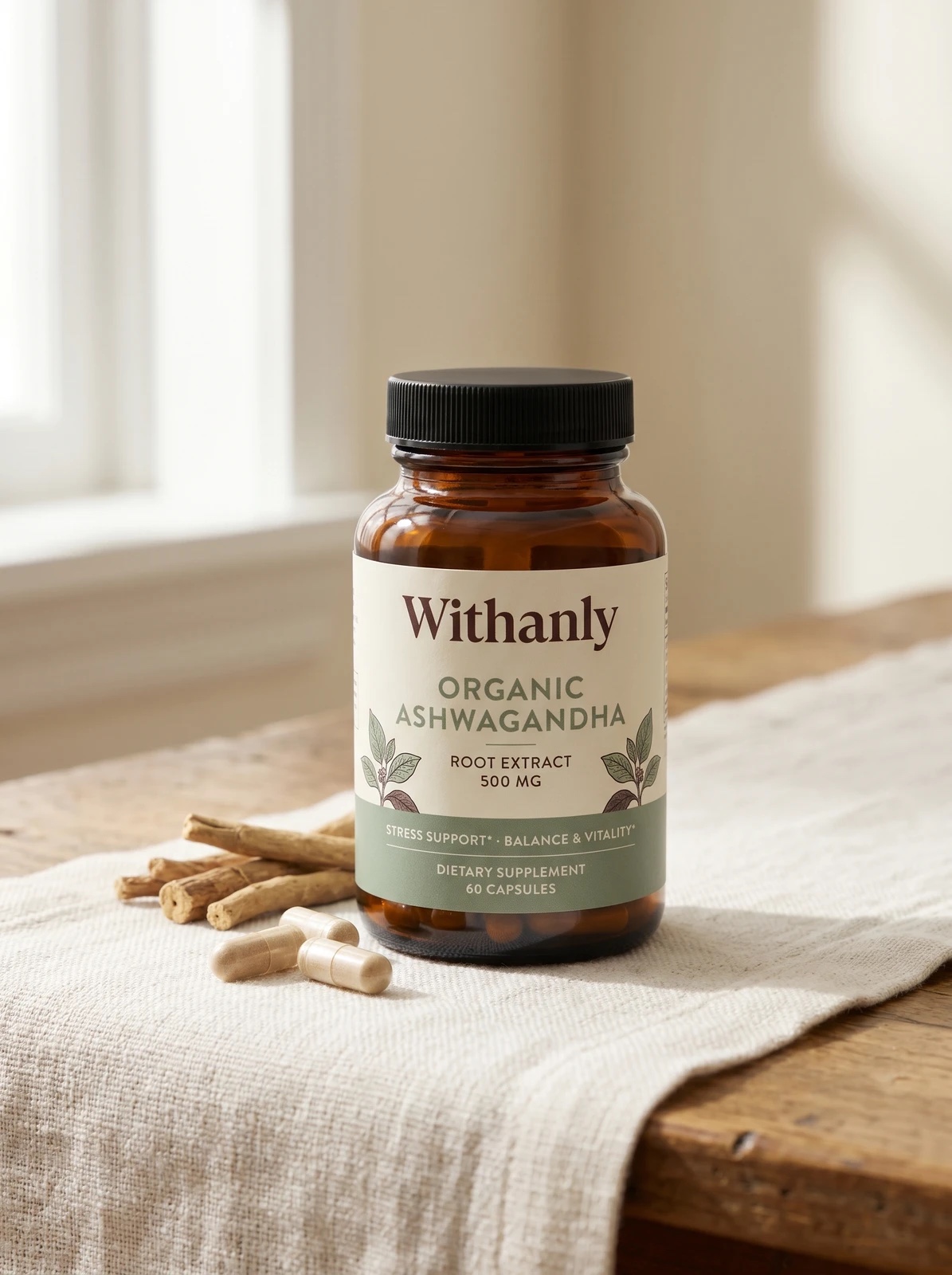 Withanly organic ashwagandha bottle on a linen runner beside loose ashwagandha root